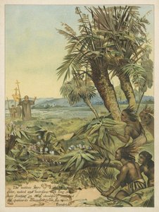 Innfødte i den nye verden ser på de nyankomne spanjolene (chromolitho)